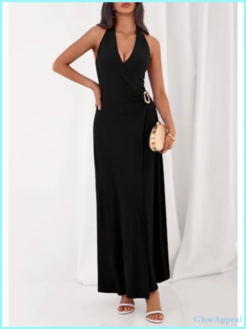 Elegant Halter V-Neck Tie Backless Midi Dress for Wedding Guest Cocktail Party